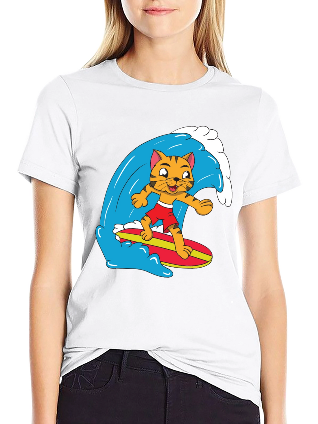 Cool Cat Surfing Graphic Tee - Black Cotton T-Shirt