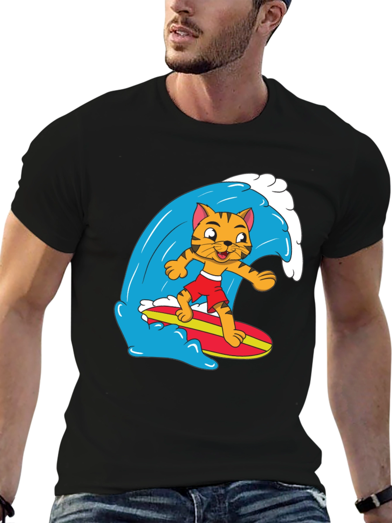 Cool Cat Surfing Graphic Tee - Black Cotton T-Shirt