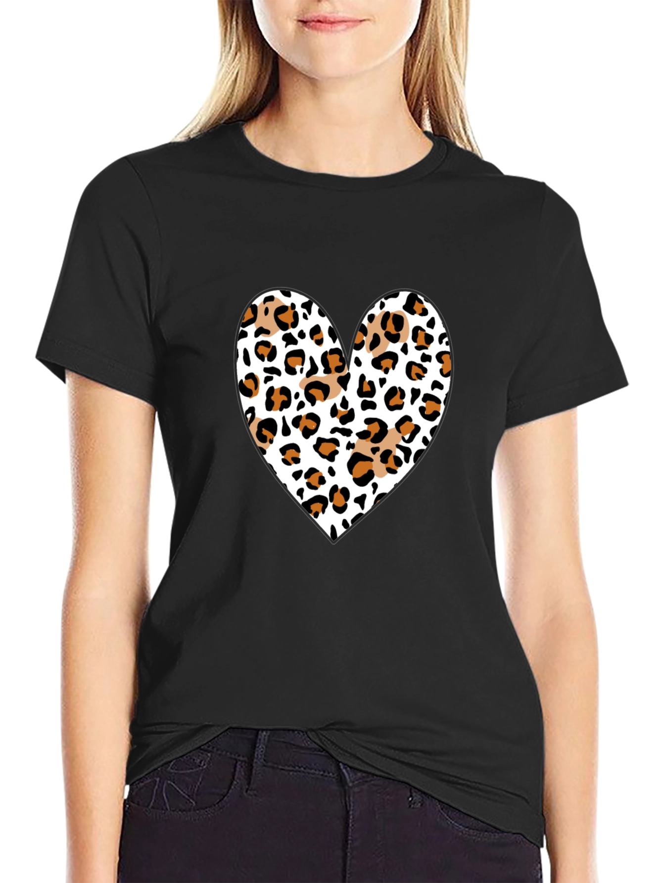Leopard Print Heart Black Tee