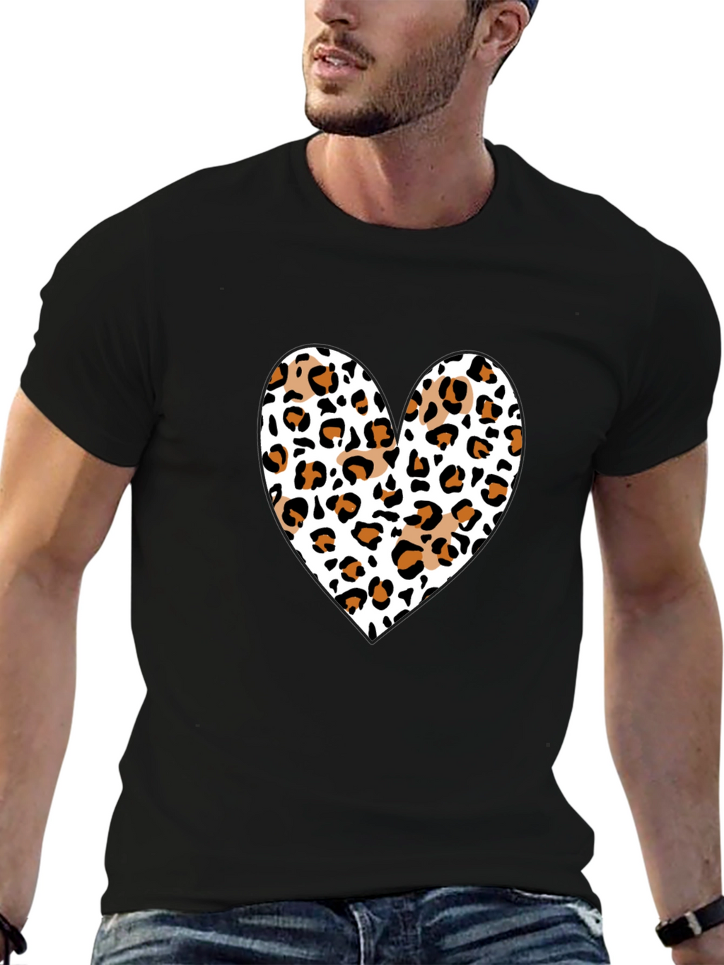 Leopard Print Heart Black Tee
