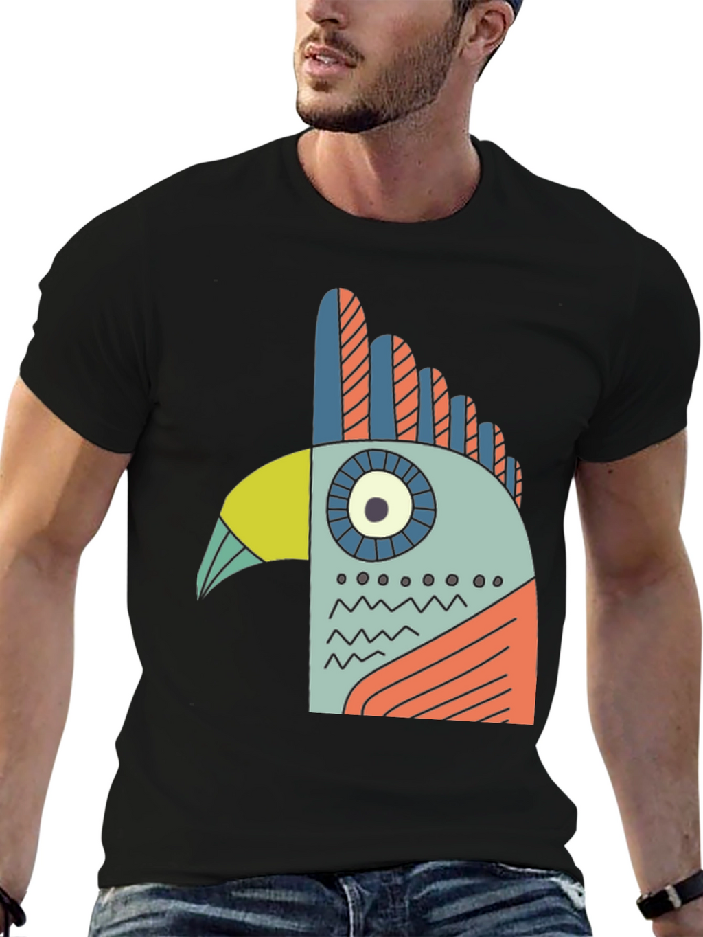 Abstract Bird Graphic Tee - Black Cotton T-Shirt