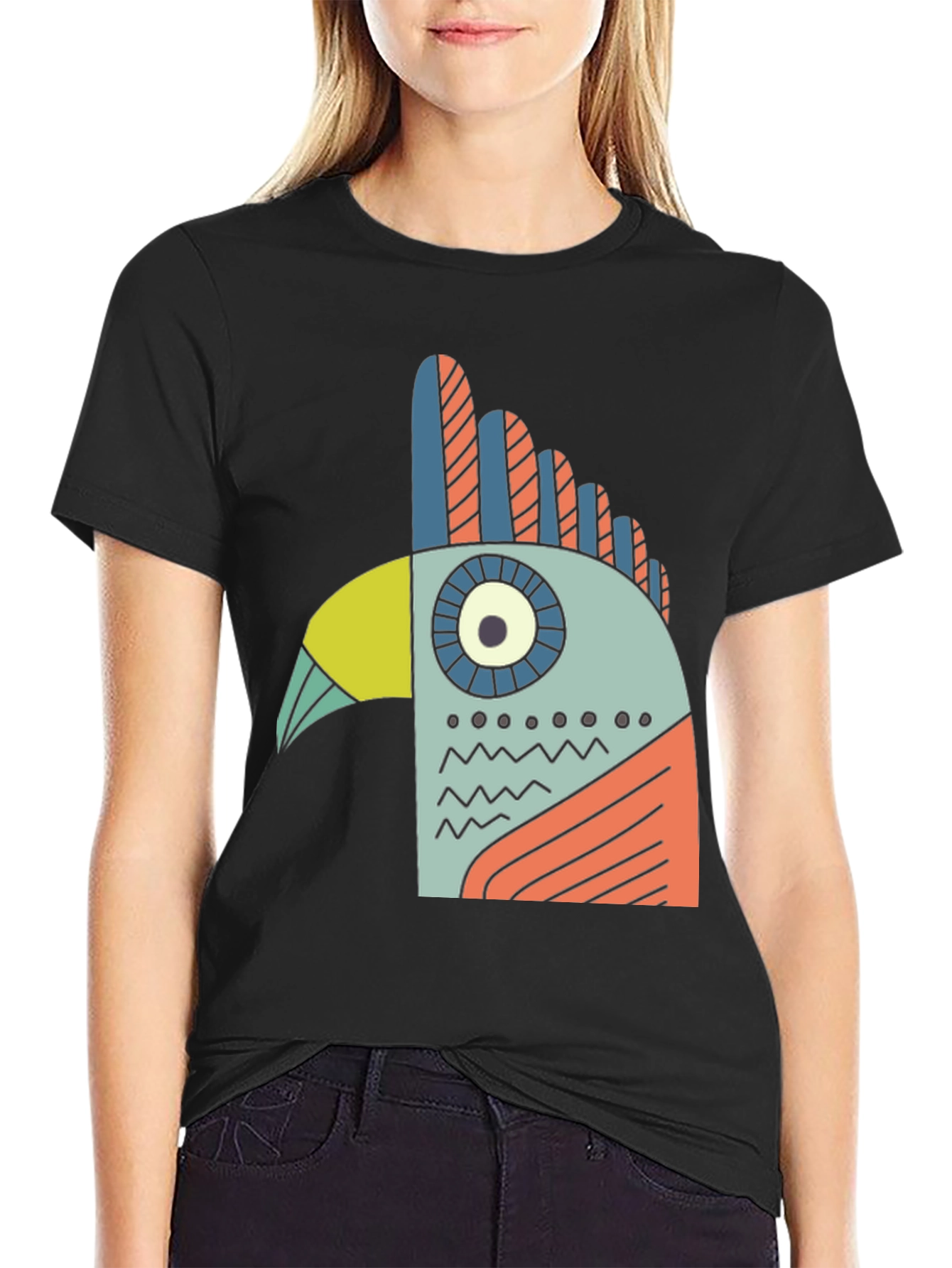 Abstract Bird Graphic Tee - Black Cotton T-Shirt