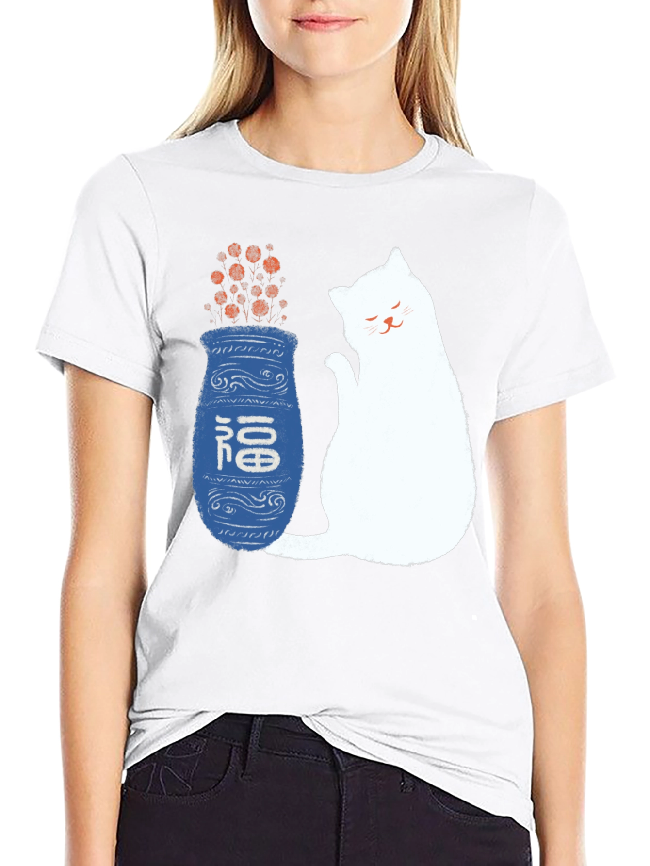 Lucky Cat and Vase Graphic T-Shirt