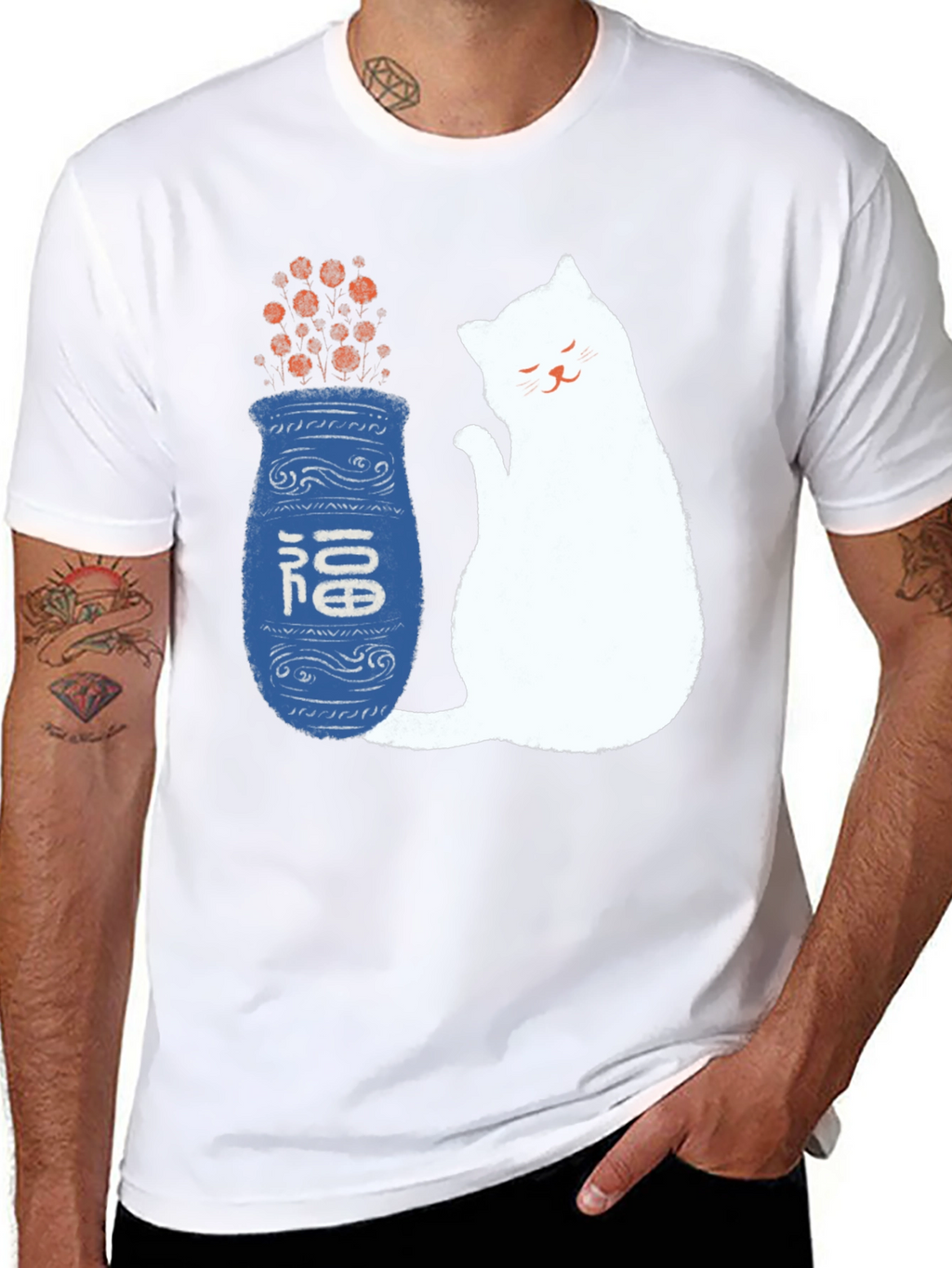 Lucky Cat and Vase Graphic T-Shirt
