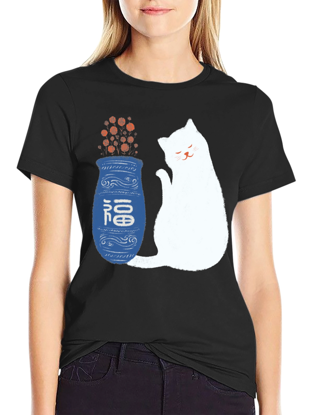 Lucky Cat and Vase Graphic T-Shirt