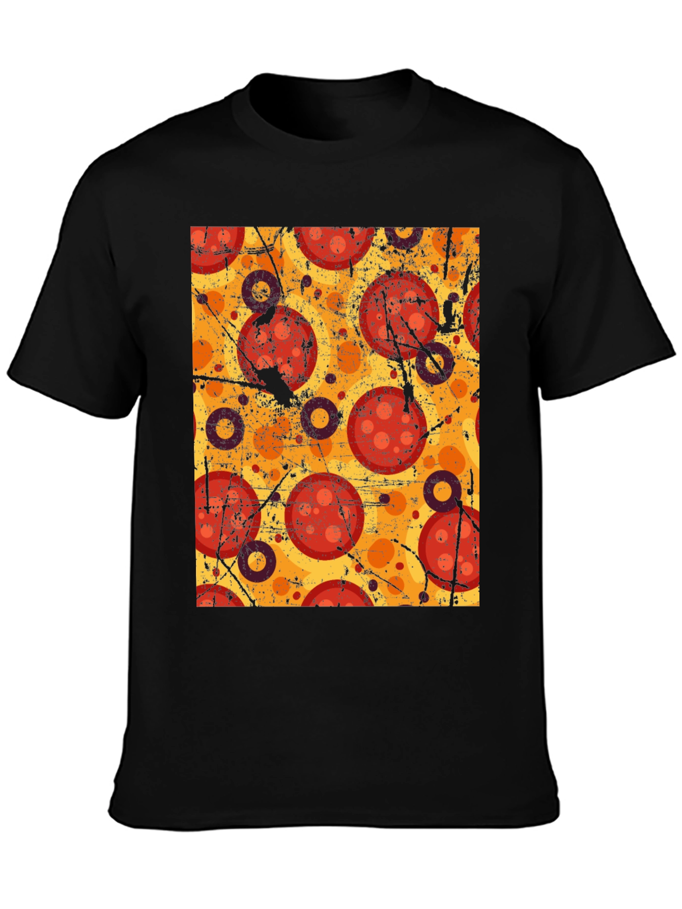 Pizza Pattern Graphic Tee - Black Cotton T-Shirt