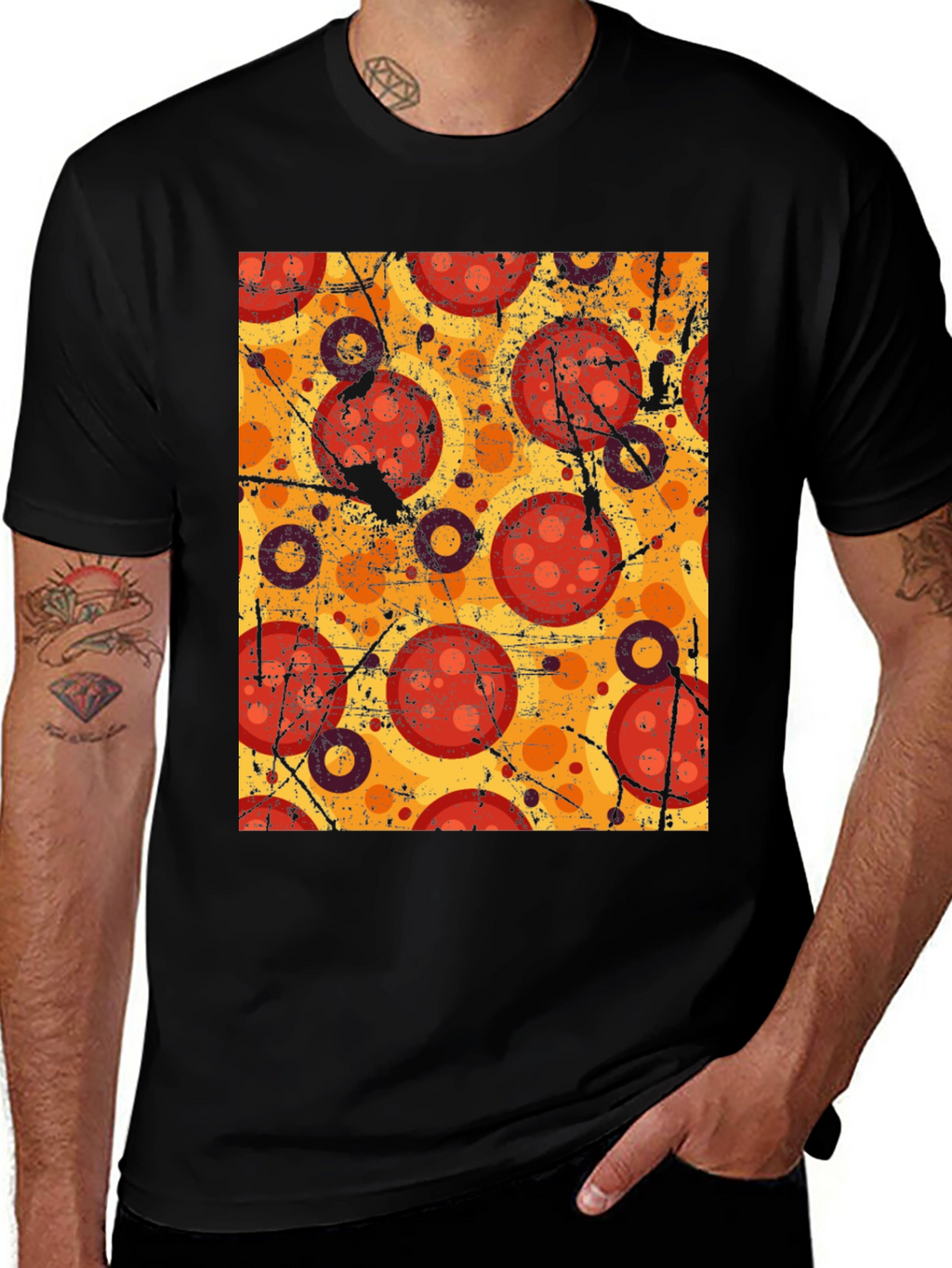 Pizza Pattern Graphic Tee - Black Cotton T-Shirt