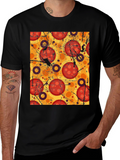 Pizza Pattern Graphic Tee - Black Cotton T-Shirt