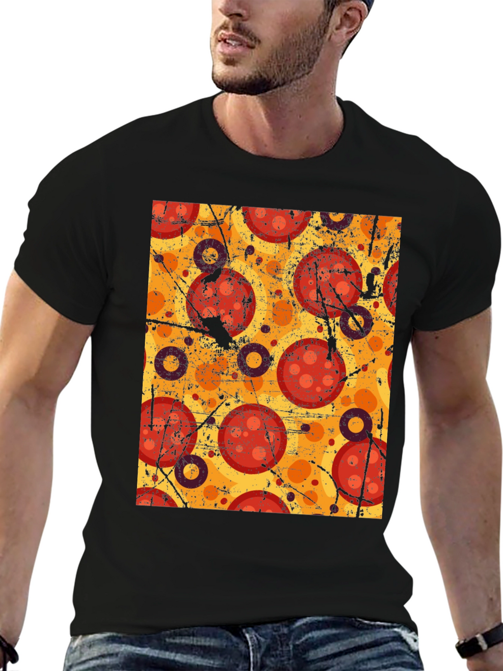 Pizza Pattern Graphic Tee - Black Cotton T-Shirt