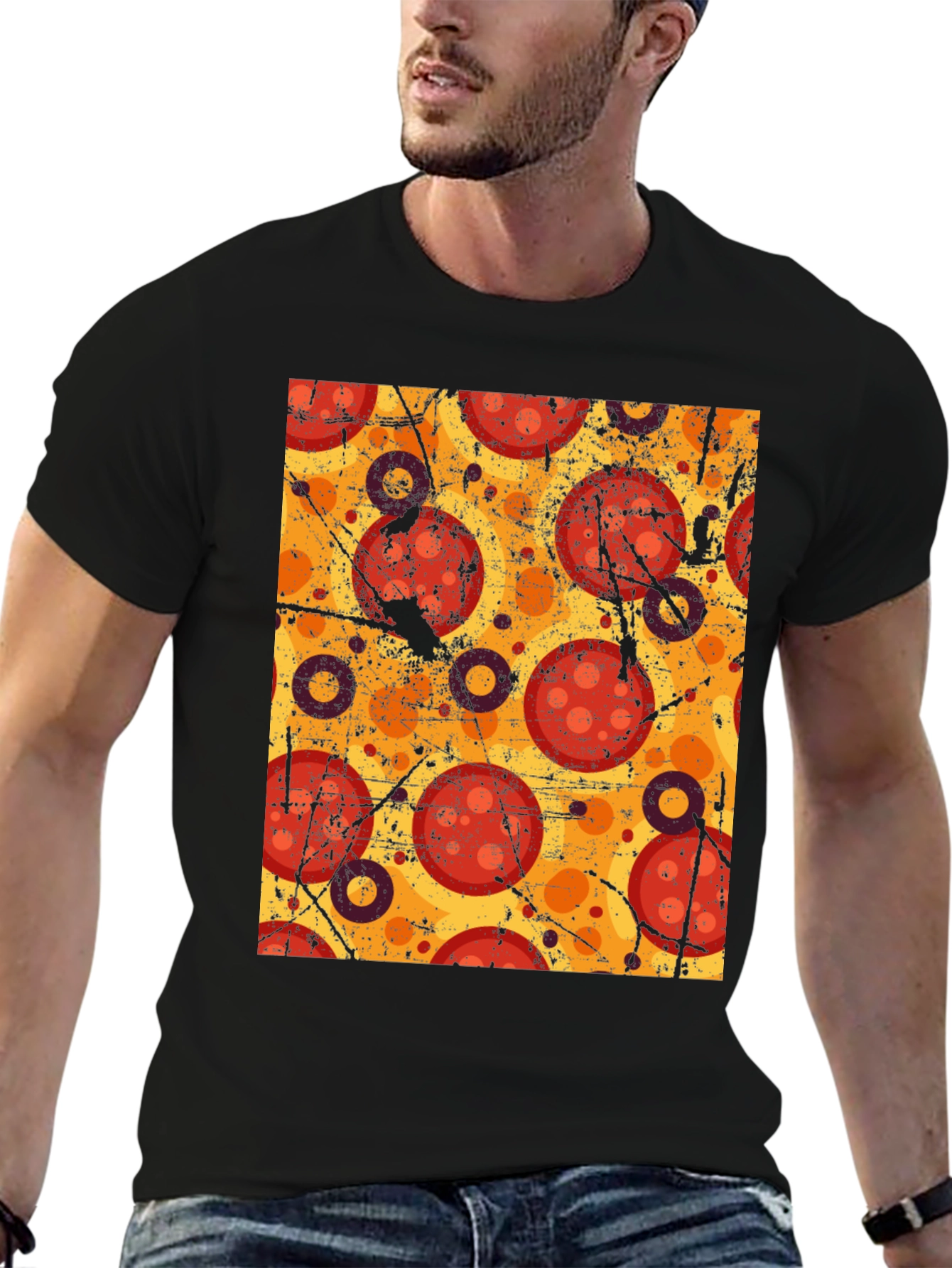 Pizza Pattern Graphic Tee - Black Cotton T-Shirt