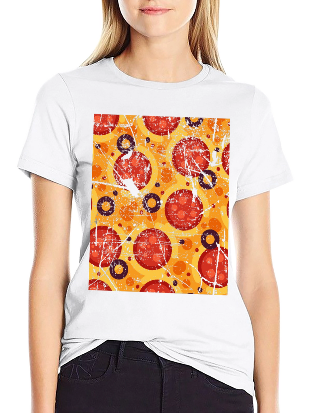 Pizza Pattern Graphic Tee - Black Cotton T-Shirt