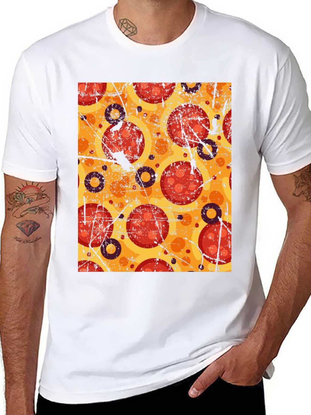 Pizza Pattern Graphic Tee - Black Cotton T-Shirt
