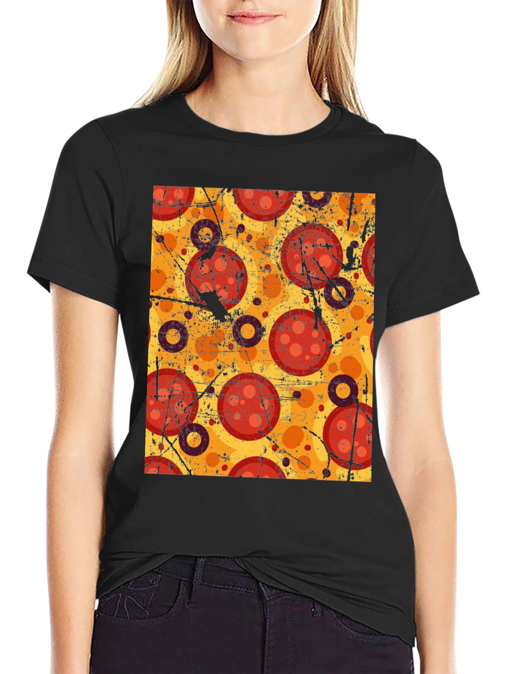 Pizza Pattern Graphic Tee - Black Cotton T-Shirt