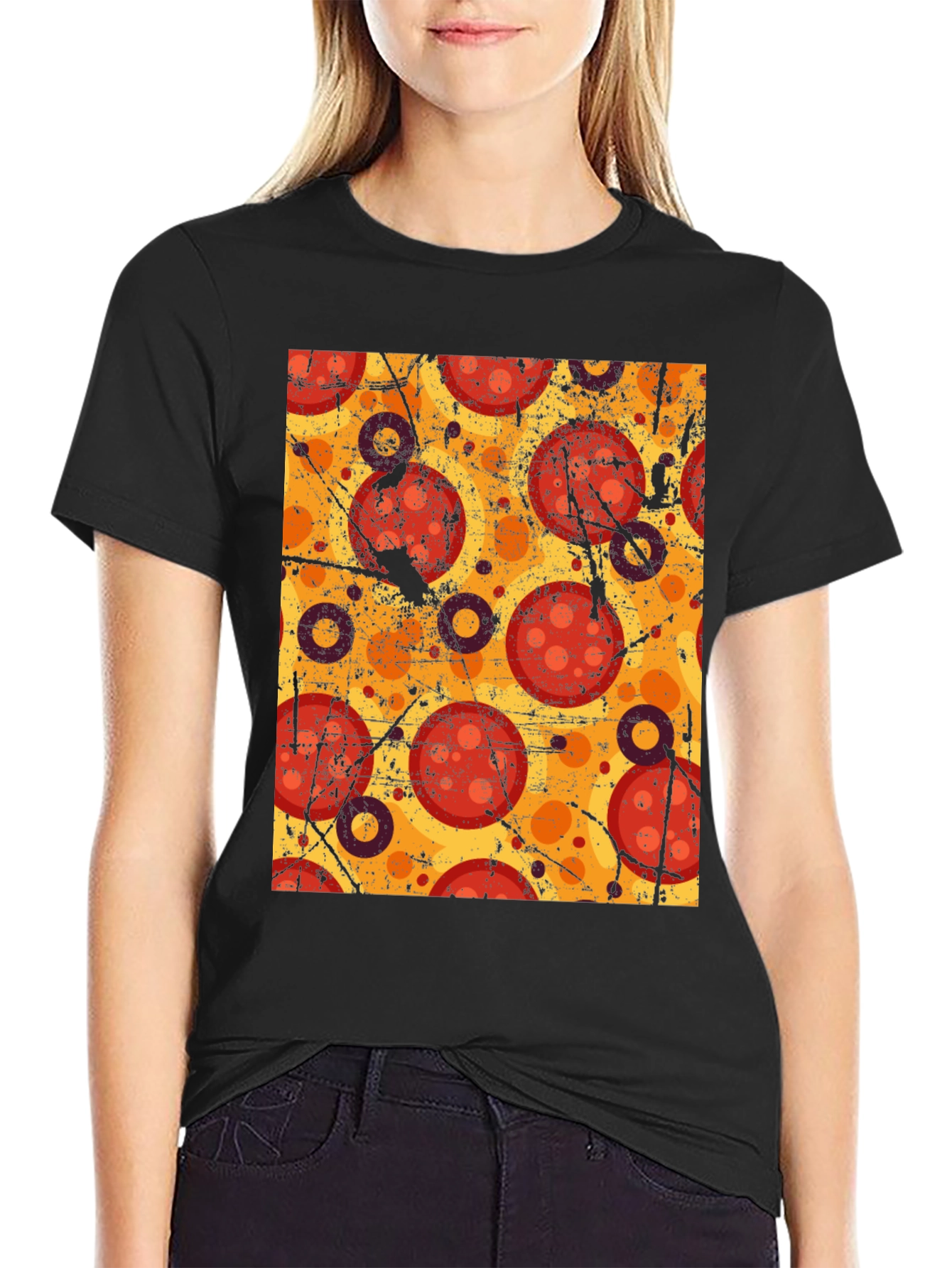 Pizza Pattern Graphic Tee - Black Cotton T-Shirt