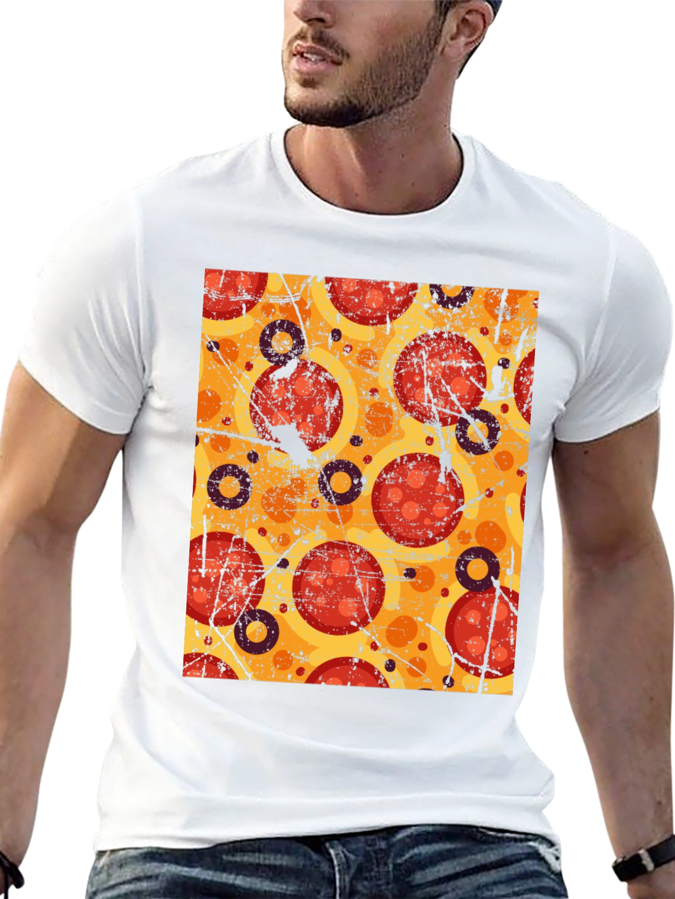 Pizza Pattern Graphic Tee - Black Cotton T-Shirt