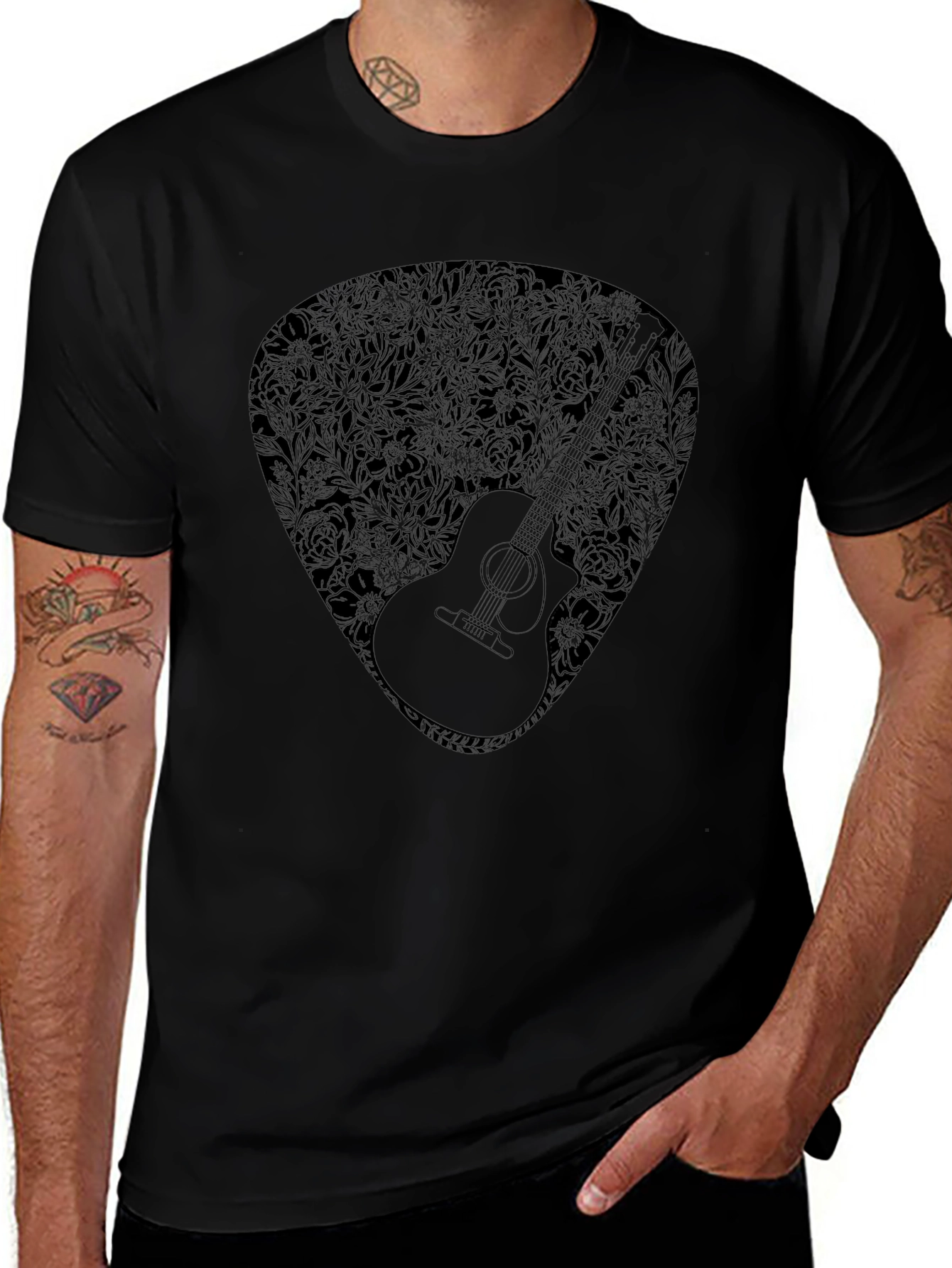Guitar Pick Floral Graphic T-Shirt - Casual Musician Style