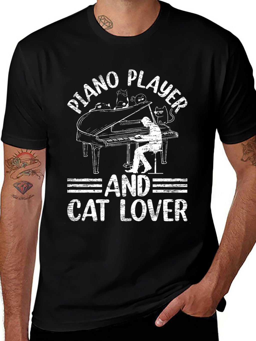 Piano Player and Cat Lover Black T-Shirt