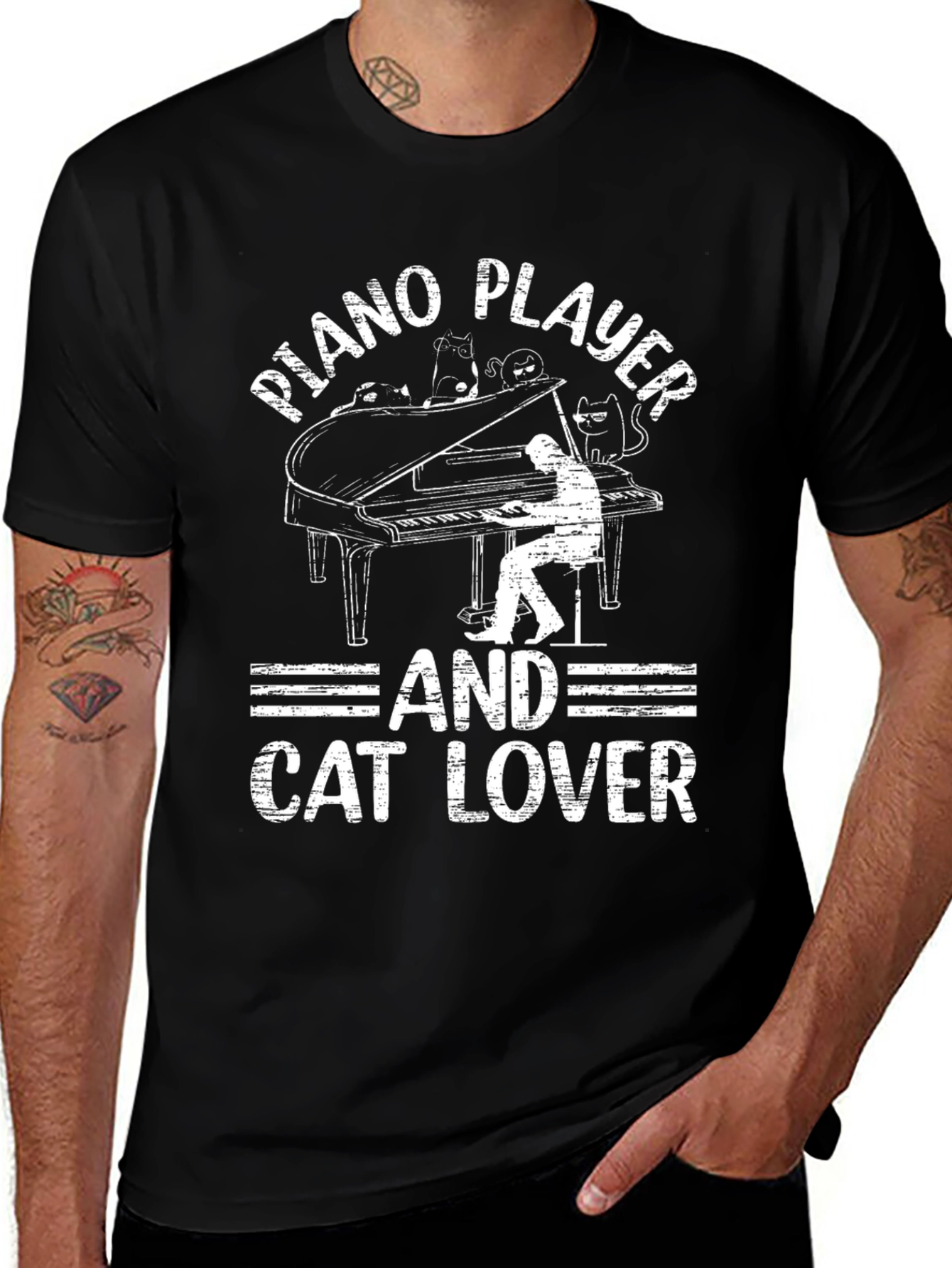 Piano Player and Cat Lover Black T-Shirt