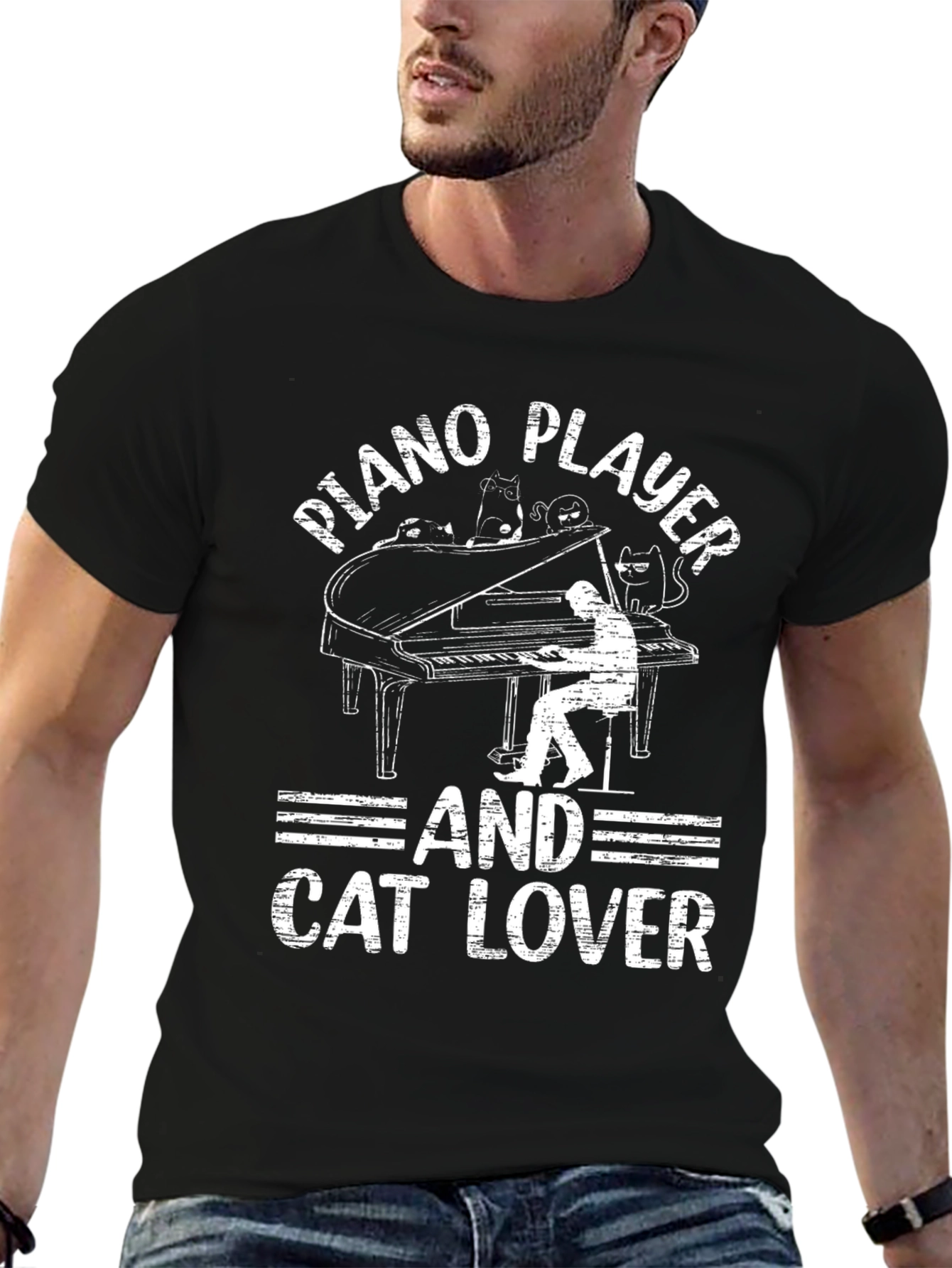 Piano Player and Cat Lover Black T-Shirt