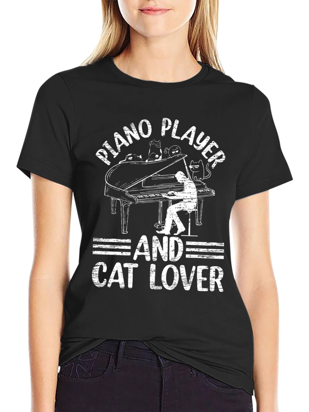 Piano Player and Cat Lover Black T-Shirt