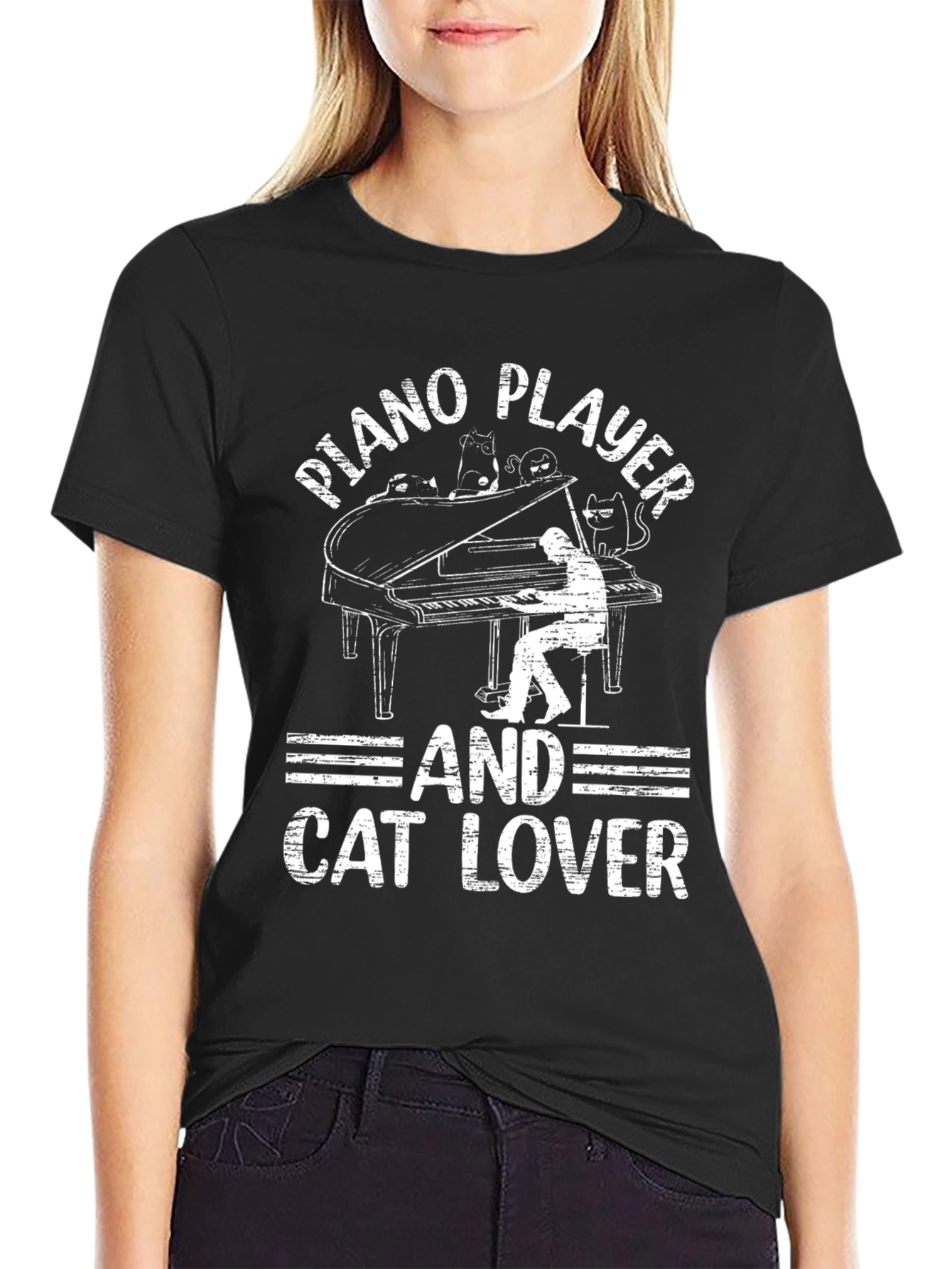 Piano Player and Cat Lover Black T-Shirt