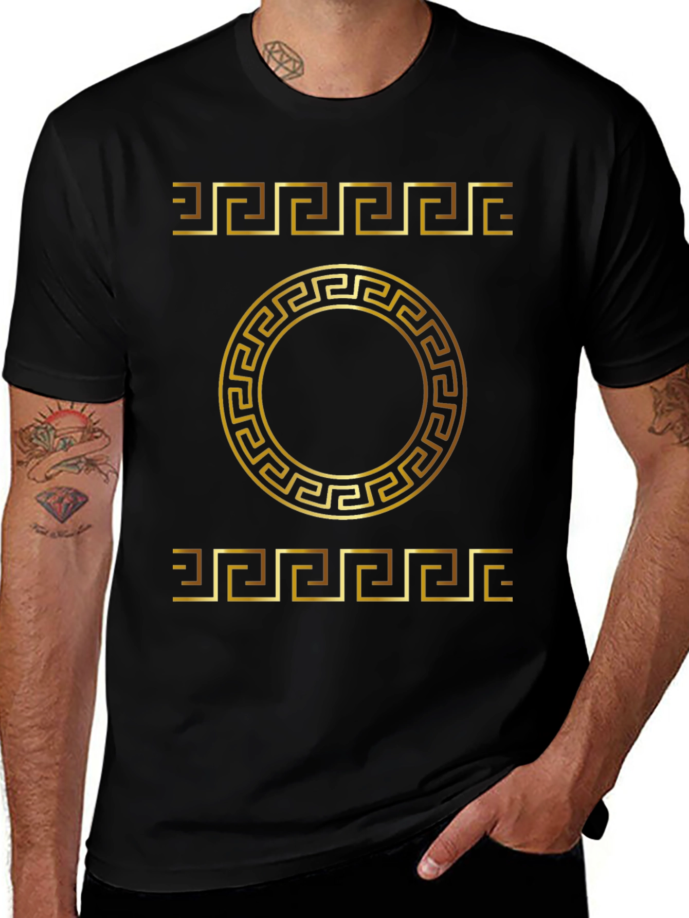Gold Greek Key Pattern Black T-Shirt