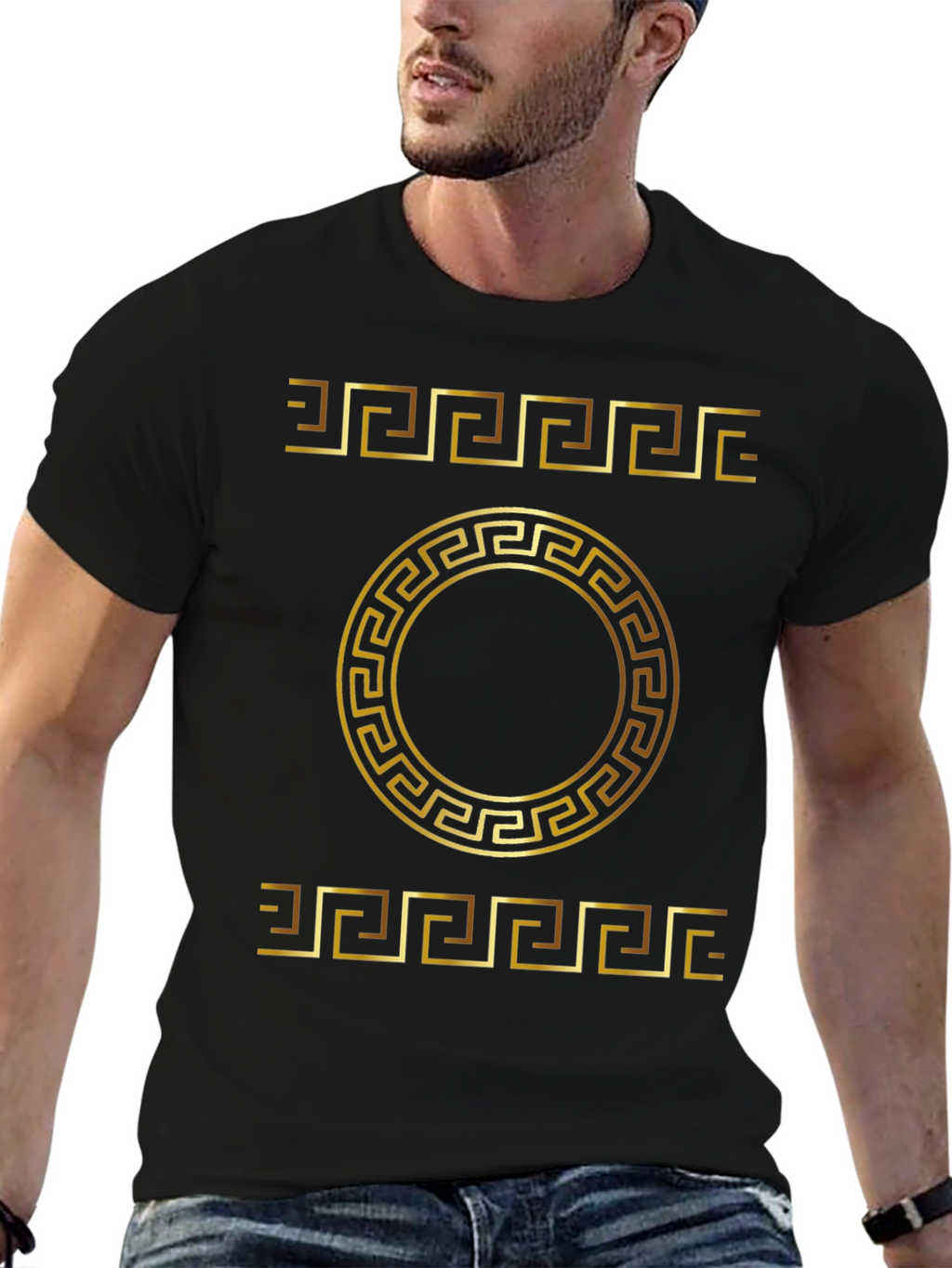 Gold Greek Key Pattern Black T-Shirt