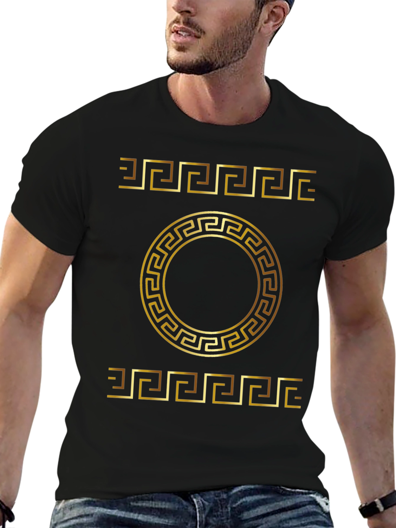 Gold Greek Key Pattern Black T-Shirt
