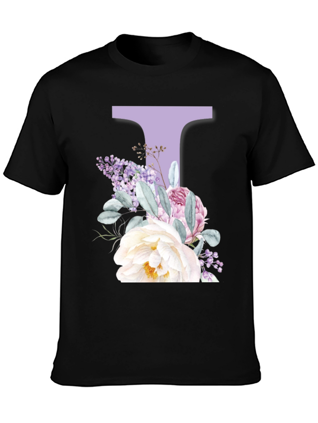 Floral Letter T Black T-Shirt
