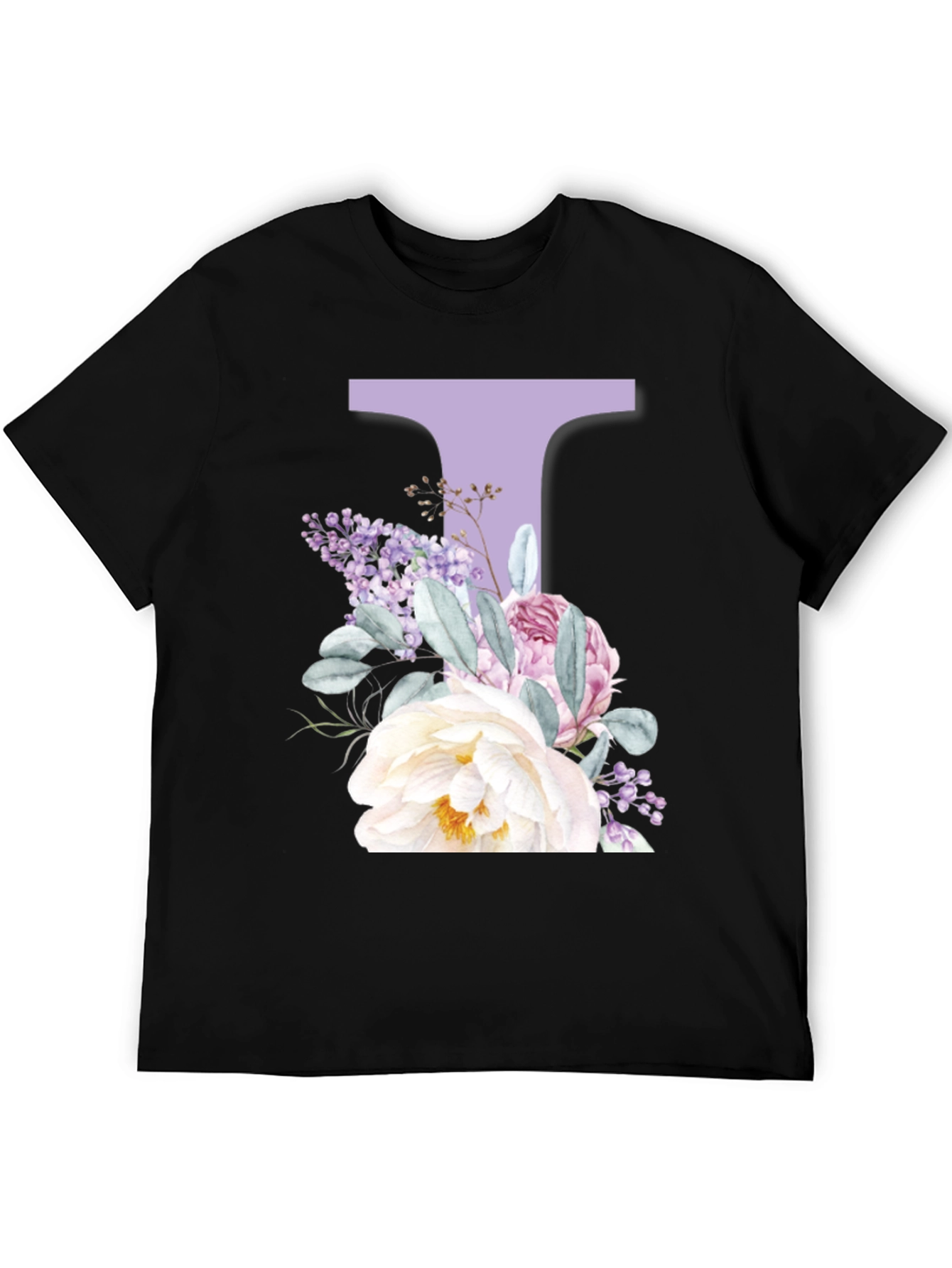 Floral Letter T Black T-Shirt