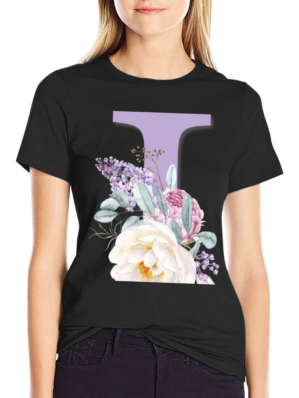 Floral Letter T Black T-Shirt