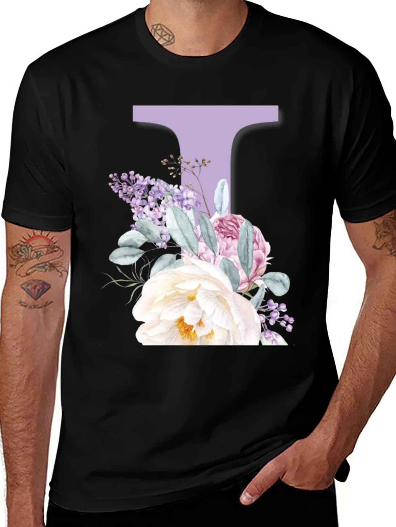 Floral Letter T Black T-Shirt