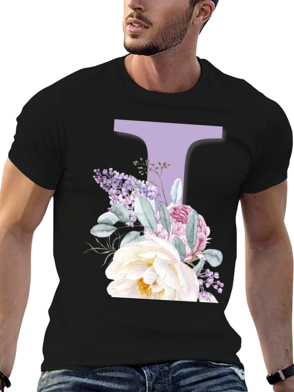 Floral Letter T Black T-Shirt