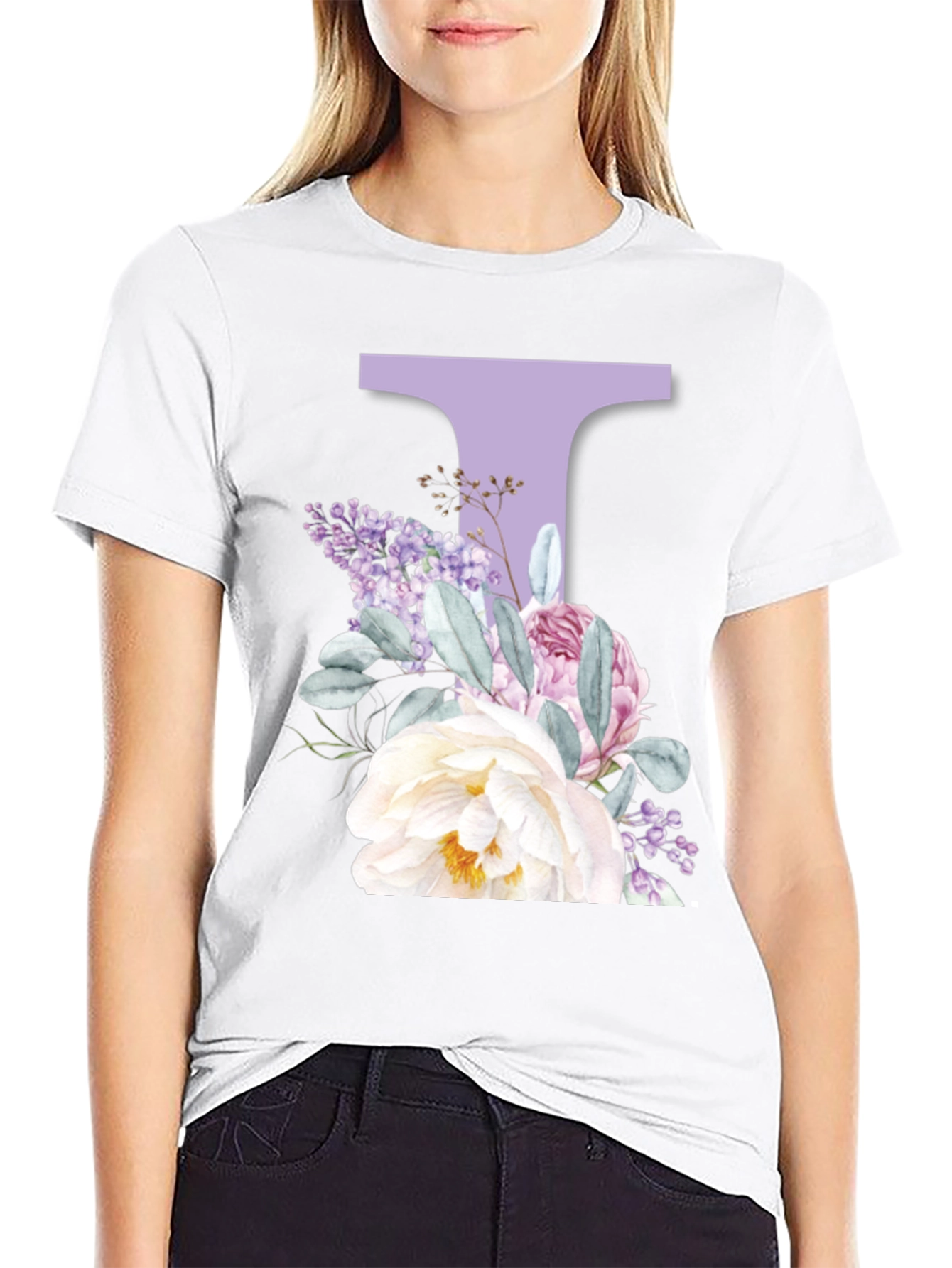 Floral Letter T Black T-Shirt