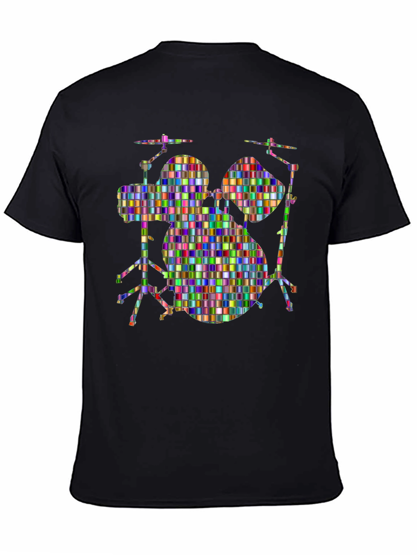 Colorful Drum Set Graphic Tee - Black Cotton T-Shirt