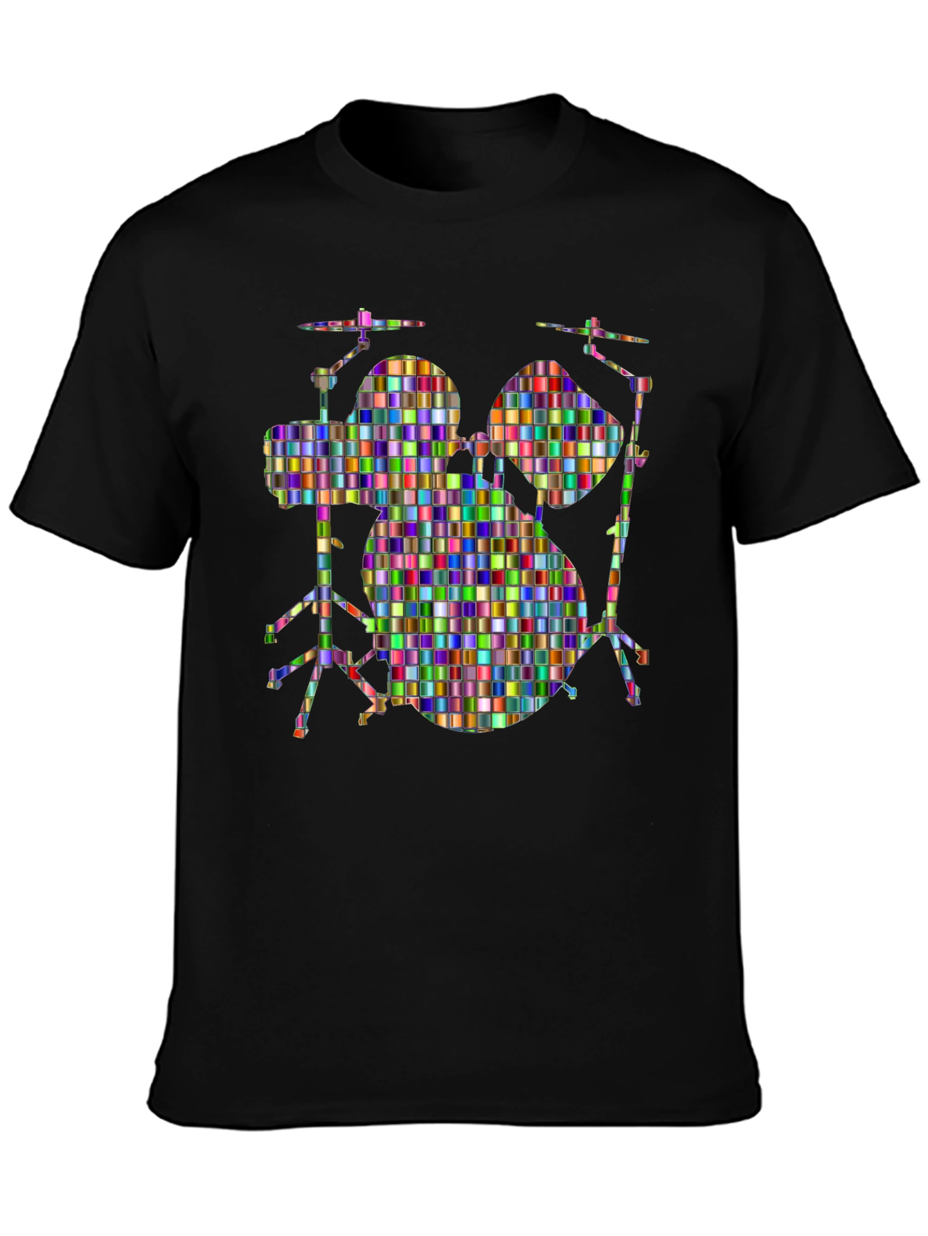 Colorful Drum Set Graphic Tee - Black Cotton T-Shirt