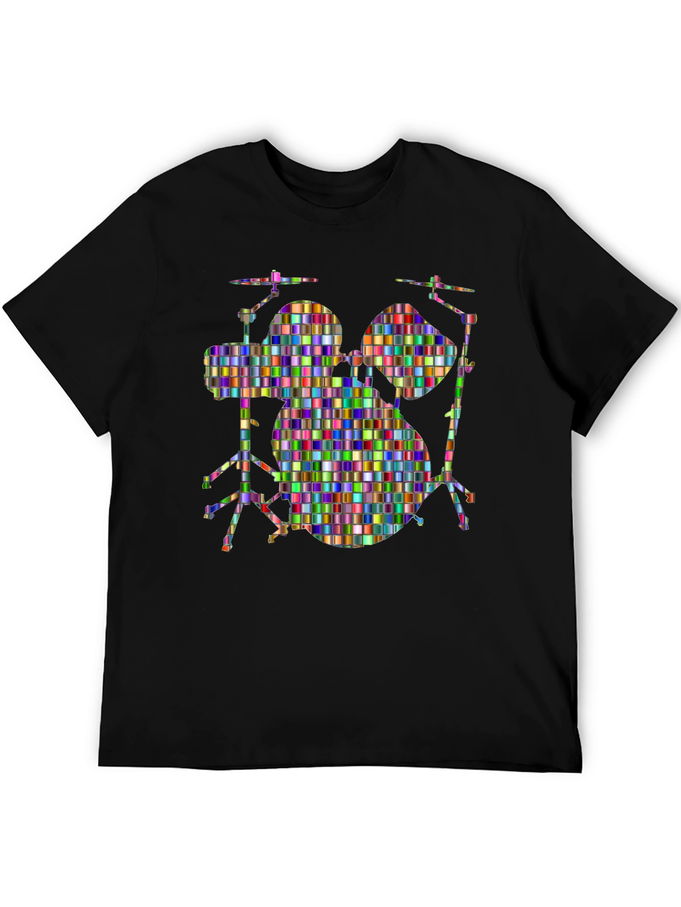 Colorful Drum Set Graphic Tee - Black Cotton T-Shirt