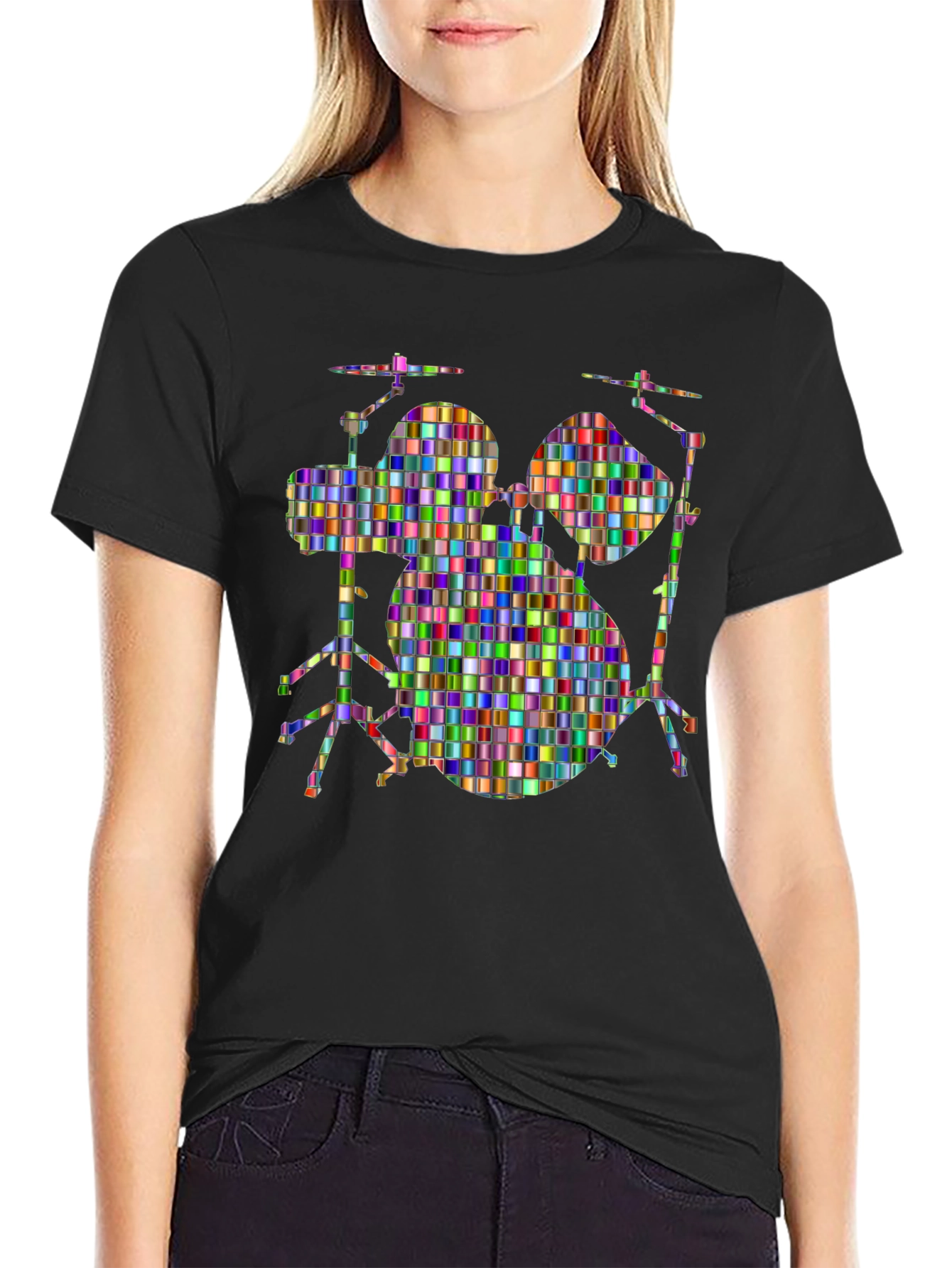 Colorful Drum Set Graphic Tee - Black Cotton T-Shirt