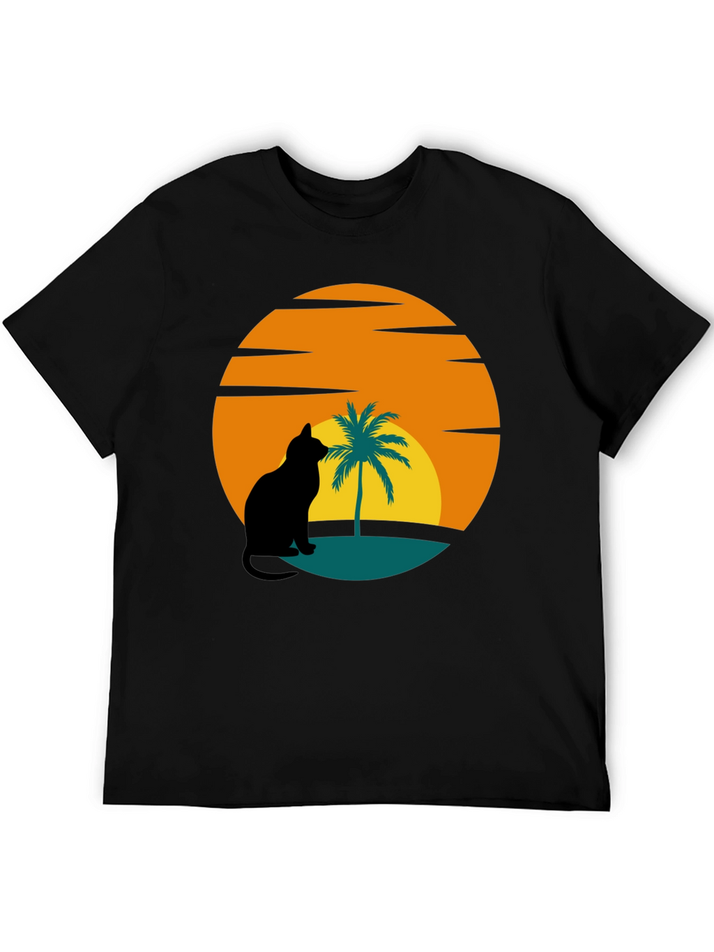 Sunset Cat Palm Tree Black T-Shirt