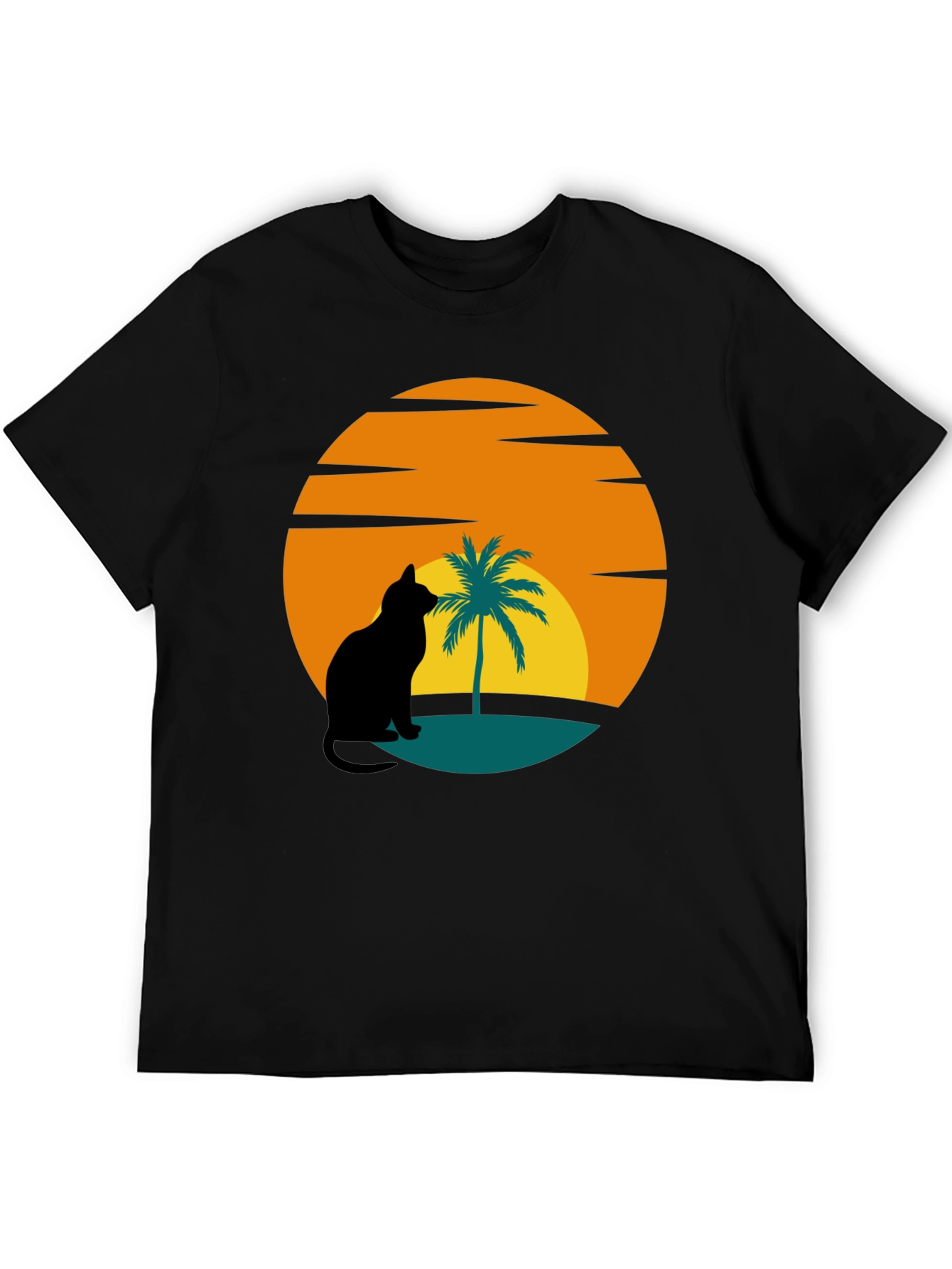 Sunset Cat Palm Tree Black T-Shirt