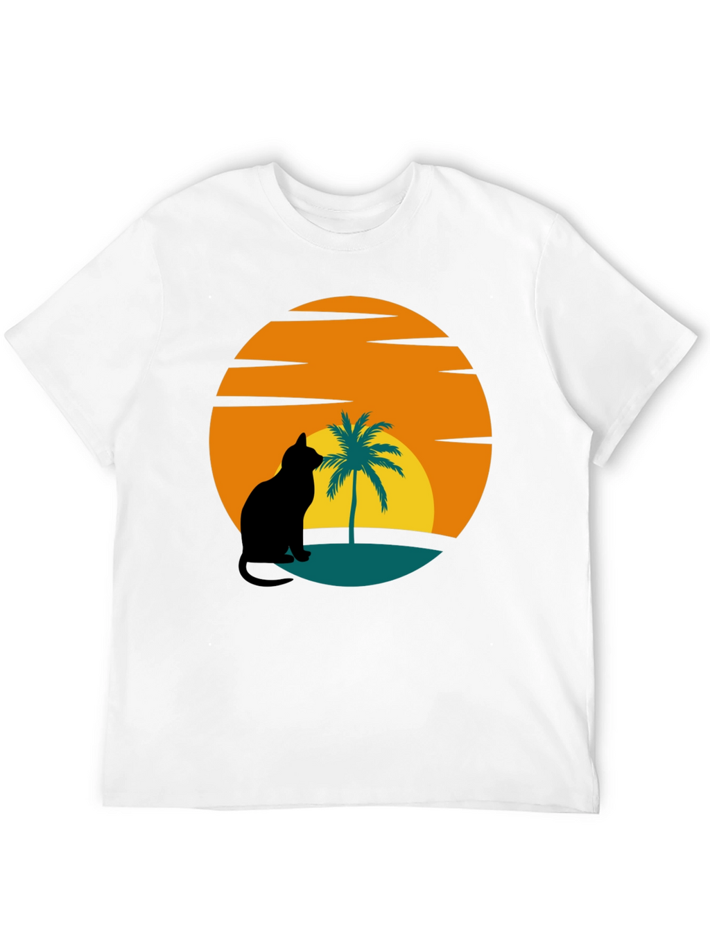 Sunset Cat Palm Tree Black T-Shirt