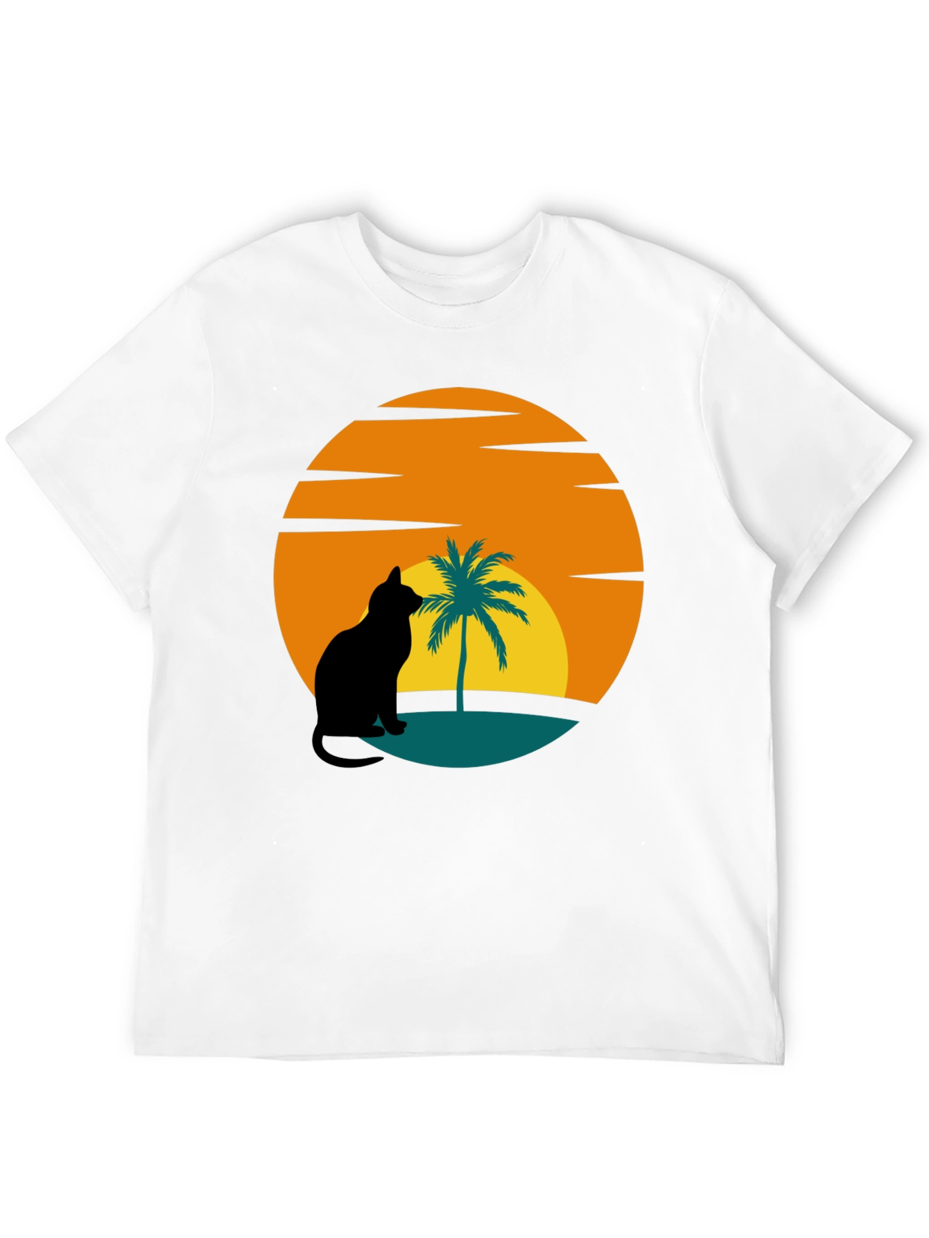 Sunset Cat Palm Tree Black T-Shirt