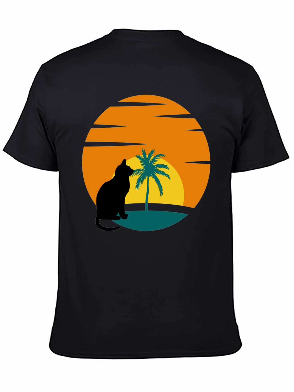 Sunset Cat Palm Tree Black T-Shirt