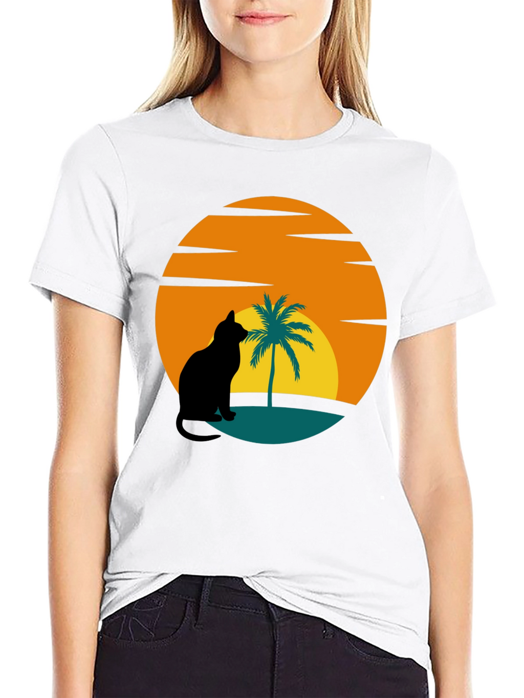 Sunset Cat Palm Tree Black T-Shirt