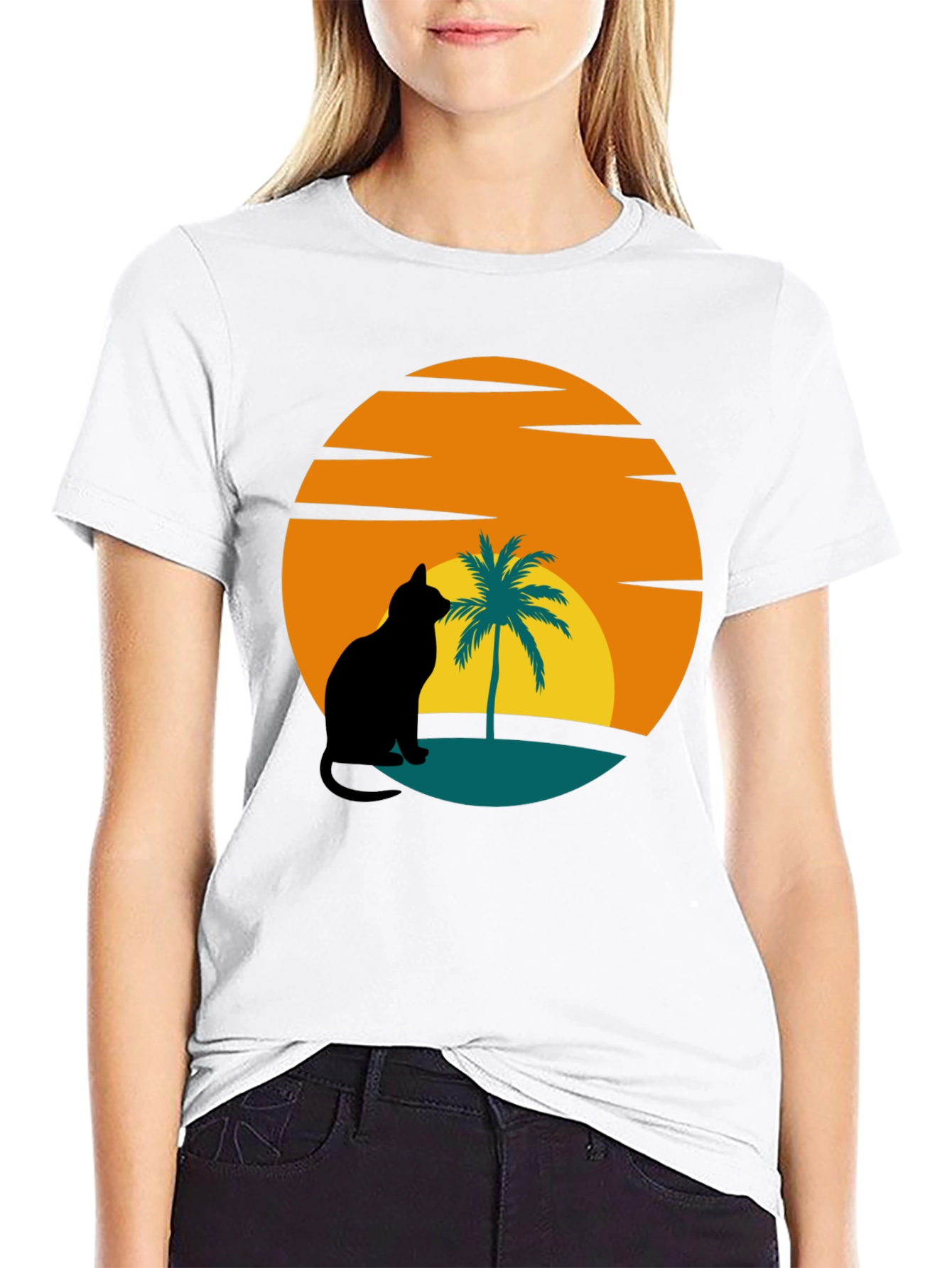 Sunset Cat Palm Tree Black T-Shirt