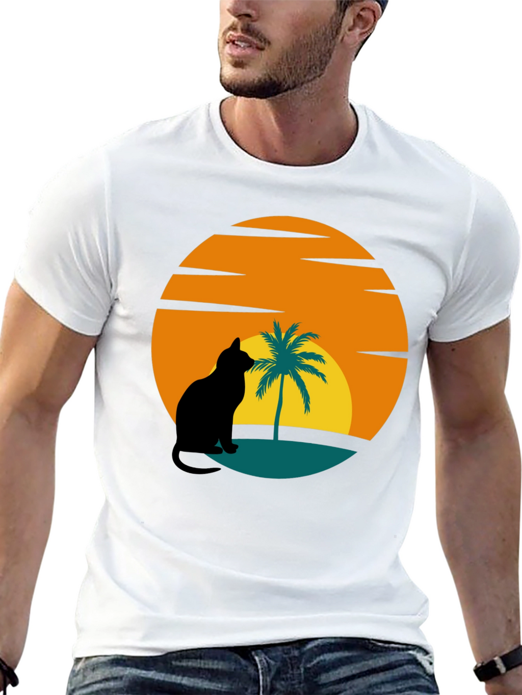 Sunset Cat Palm Tree Black T-Shirt