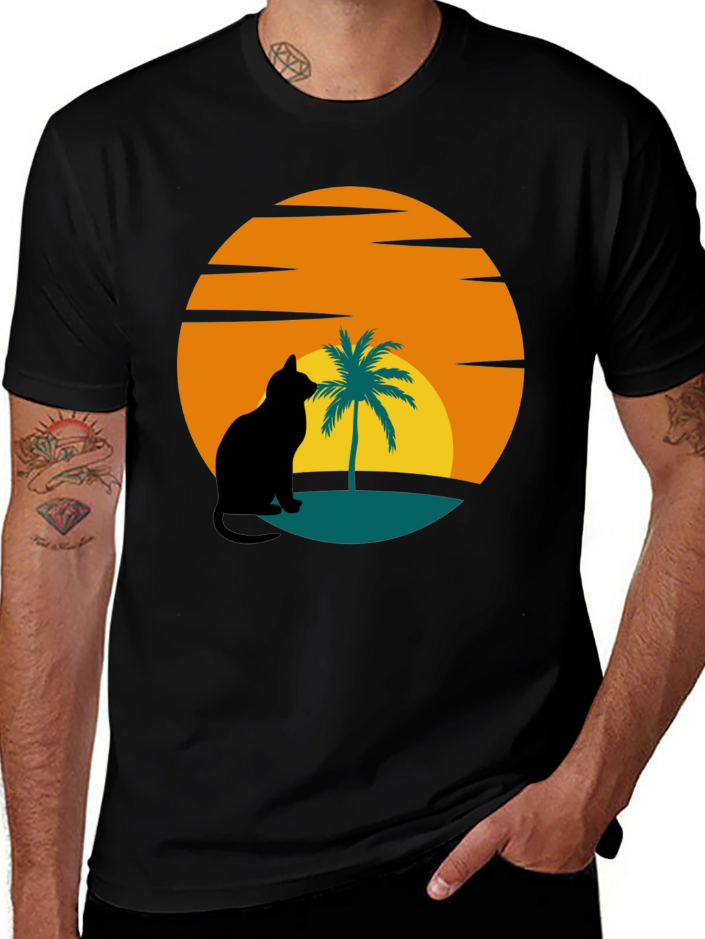 Sunset Cat Palm Tree Black T-Shirt