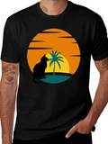 Sunset Cat Palm Tree Black T-Shirt