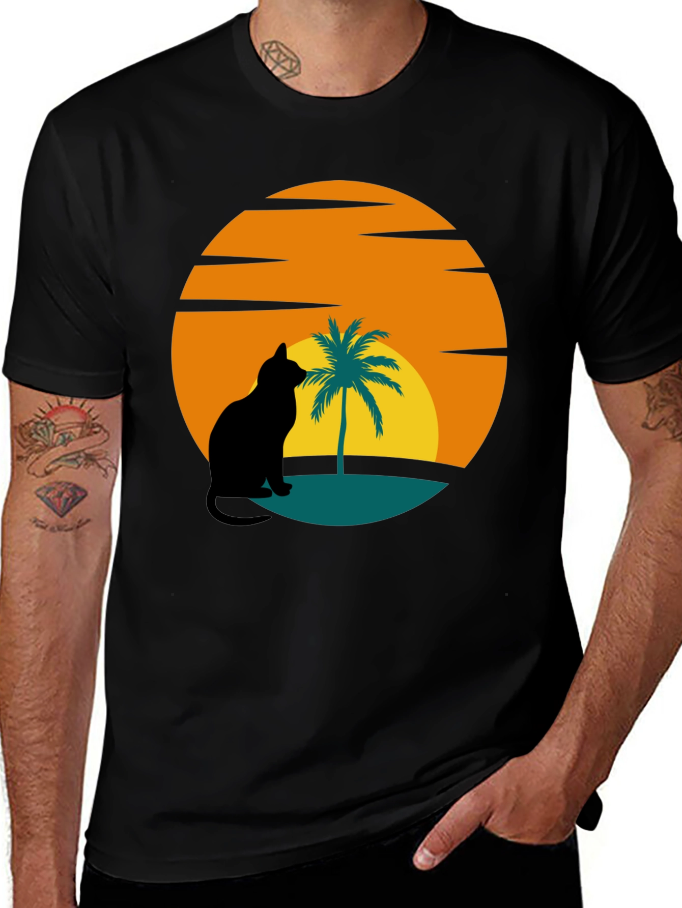 Sunset Cat Palm Tree Black T-Shirt