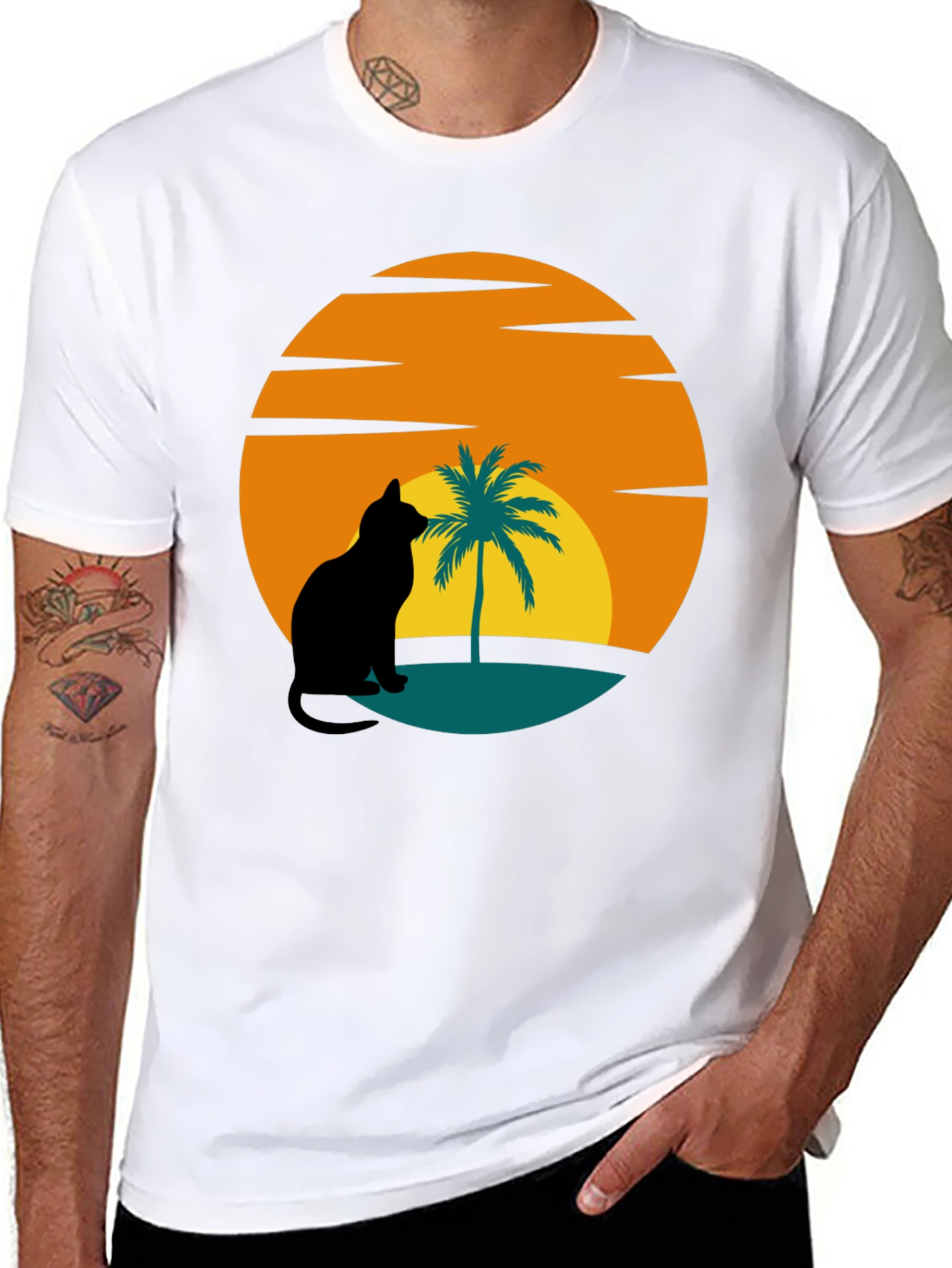 Sunset Cat Palm Tree Black T-Shirt